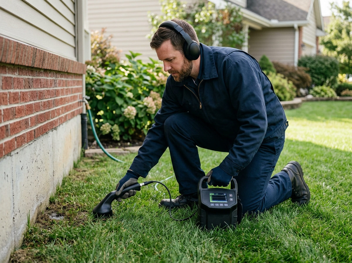 TCR technician using acoustic detection to locate ruptured water supply pipe in Raleigh